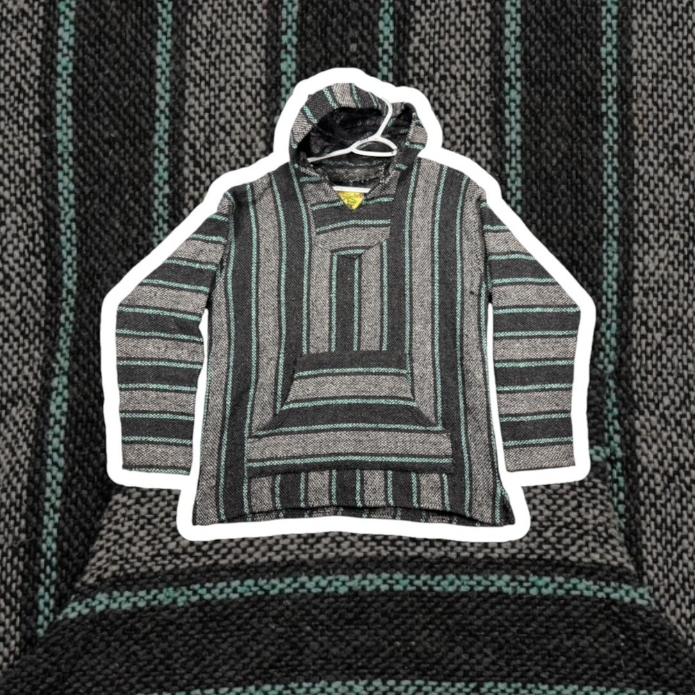 Vintage Iguana Jack Baja Hoodie Mens Large Black Teal Striped Mexican Poncho 90s